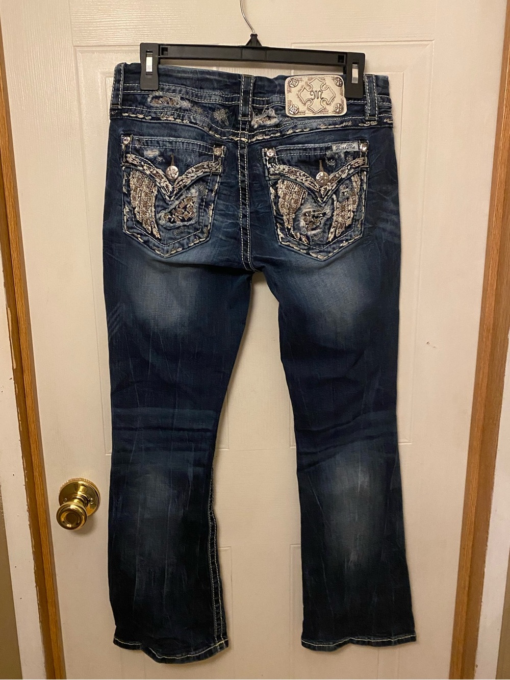 Y2K Miss Me Dark Blue Bootcut Jeans with Embroidered Angel Wings